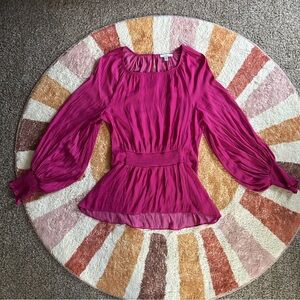 Pink Halston long sleeve blouse with smocked waist and sleeves